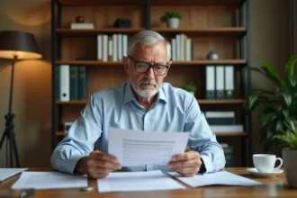 Homme de 60 ans consultant ses documents de retraite à son bureau à domicile, illustrant la planification de la retraite pour un salaire de 3000 euros net