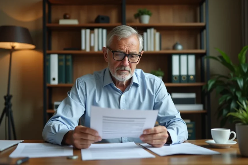 Homme de 60 ans consultant ses documents de retraite à son bureau à domicile, illustrant la planification de la retraite pour un salaire de 3000 euros net