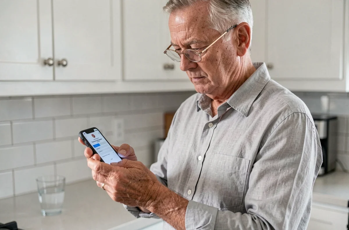 Homme retraité utilisant France Connect sur smartphone pour accéder à son espace Agirc Arrco