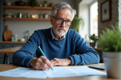 Homme de 61 ans concentré sur ses papiers de retraite à la maison