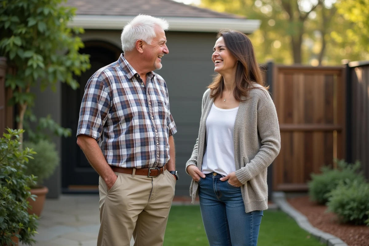Homme senior discutant avec femme dans le jardin