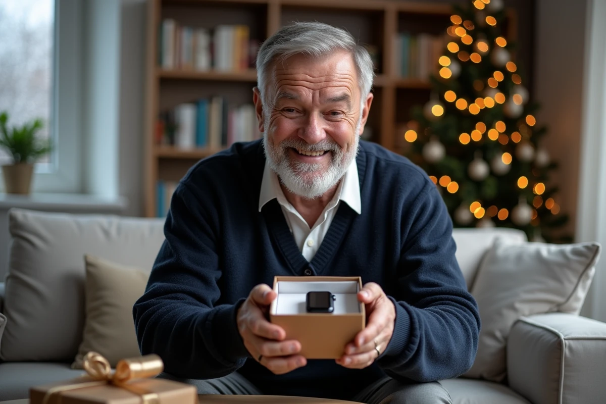 Homme senior déballant une montre connectée en cadeau de Noël dans un salon décoré