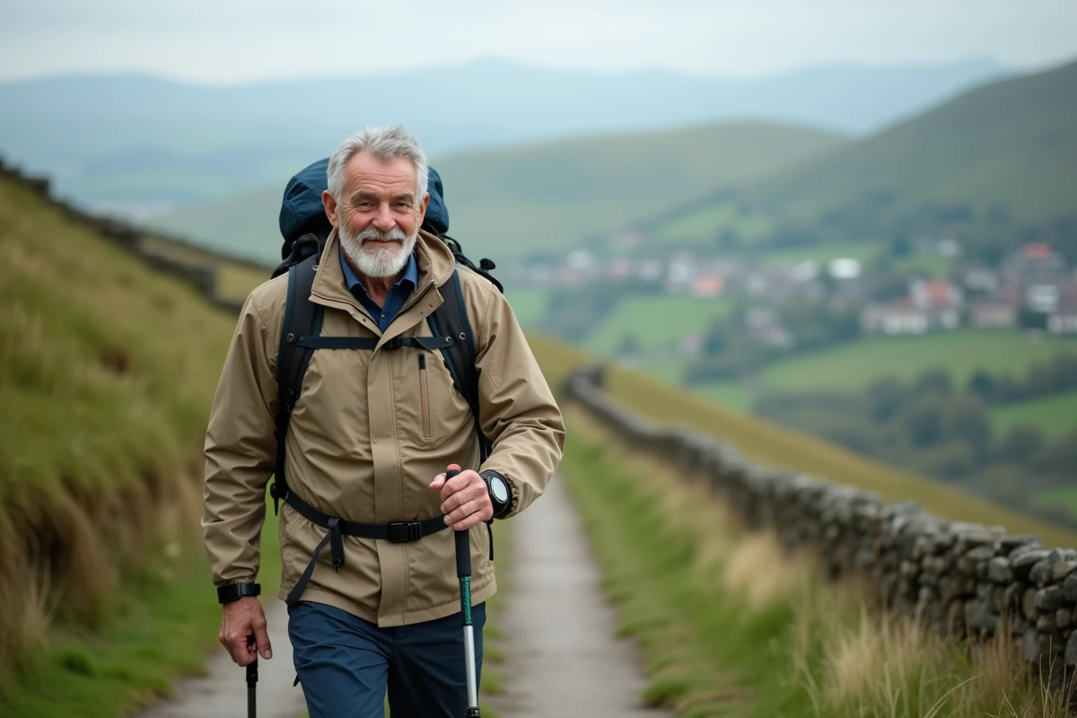 Homme senior actif en randonnée portant une montre SOS connectée en milieu rural