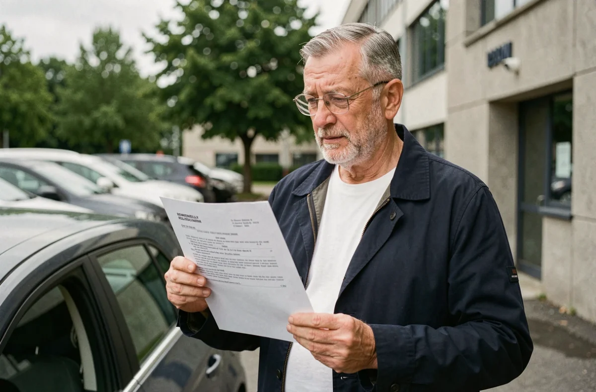 Un homme senior debout près de sa voiture consultant un avis de renouvellement de permis de conduire obligatoire après 70 ans