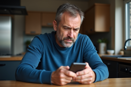 Homme d'âge moyen regardant son téléphone dans la cuisine