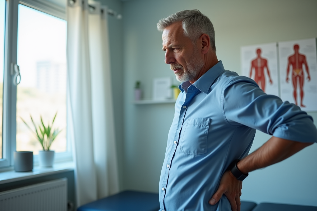 Homme en physiothérapie pressant son trapèze gauche