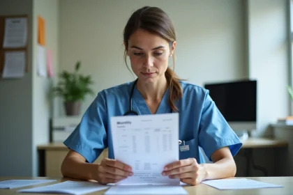 Infirmière en scrubs examine sa fiche de paie dans un bureau