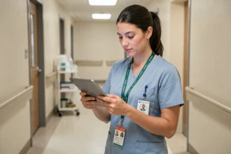 Infirmière consultant l'application Netsoins sur une tablette dans le couloir d'un établissement de soins