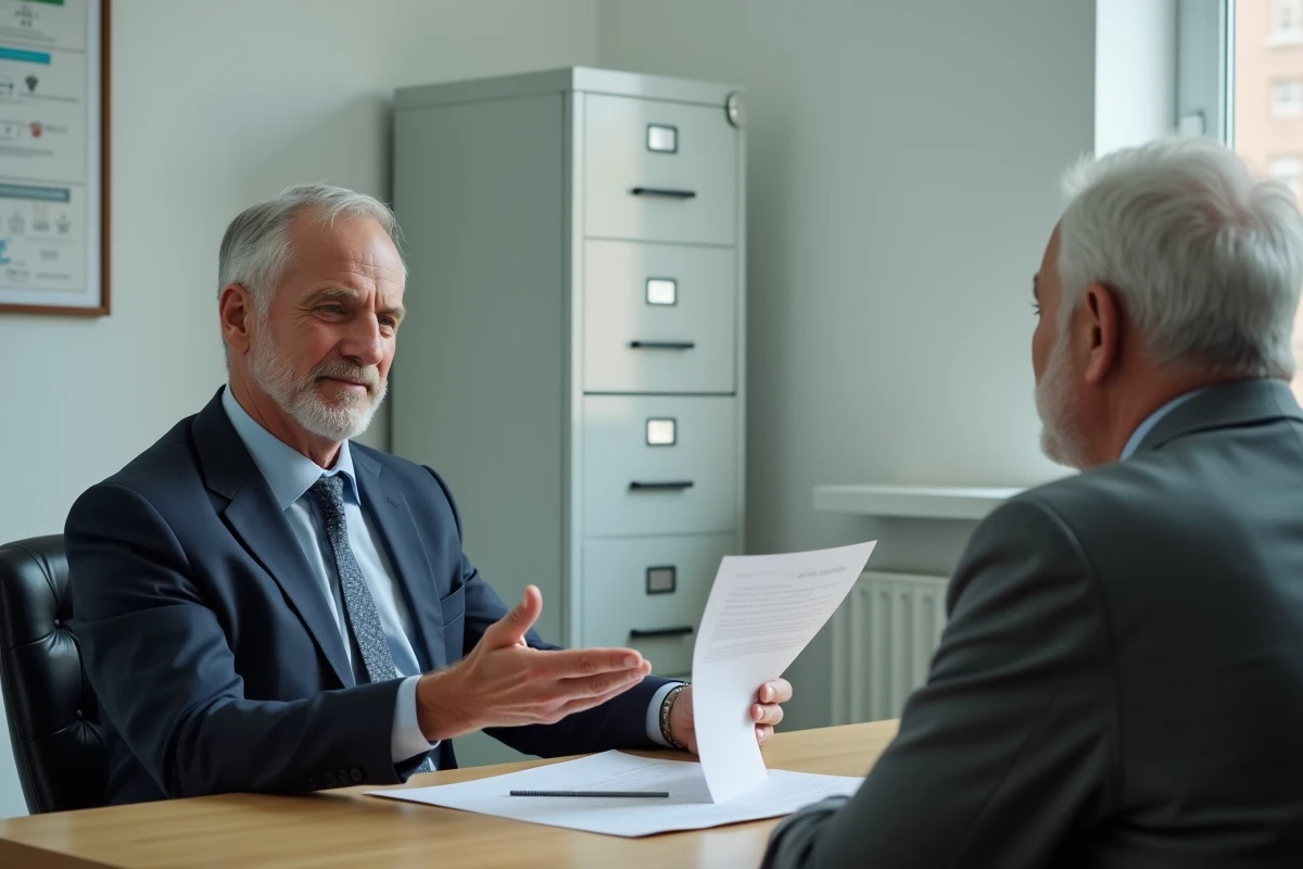 Inspecteur gouvernemental explique documents à un senior