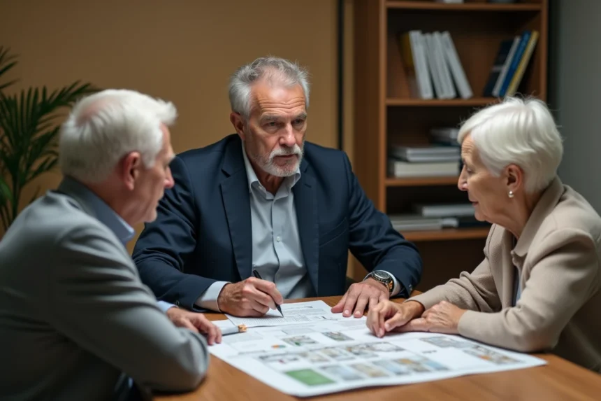 Conseiller immobilier présentant un projet d'investissement en EHPAD à un couple de retraités dans un bureau professionnel