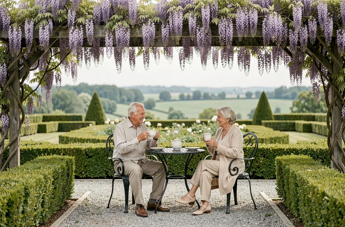 Couple de résidents des Jardins Médicis à Pontpoint profitant d'une terrasse fleurie avec une pergola couverte de glycines en fleurs