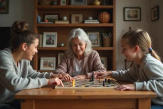 Famille intergénérationnelle jouant à un jeu de société autour d'une table en bois, grand-mère senior et adolescents partageant un moment de complicité