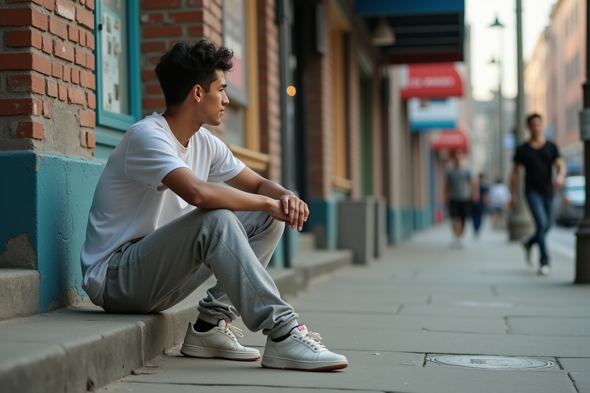 Jeune homme assis sur des marches en ville avec posture contemplative