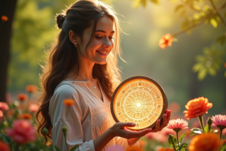 Jeune femme souriante tenant un horoscope lumineux avec des fleurs de printemps