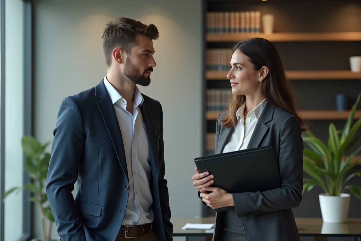 Jeune homme en costume avec une avocate dans un bureau moderne