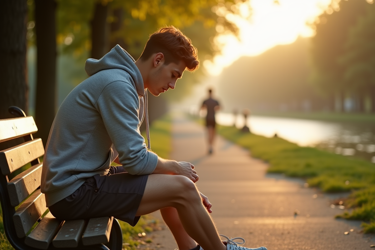 Jeune homme attachant ses chaussures au parc au lever du soleil