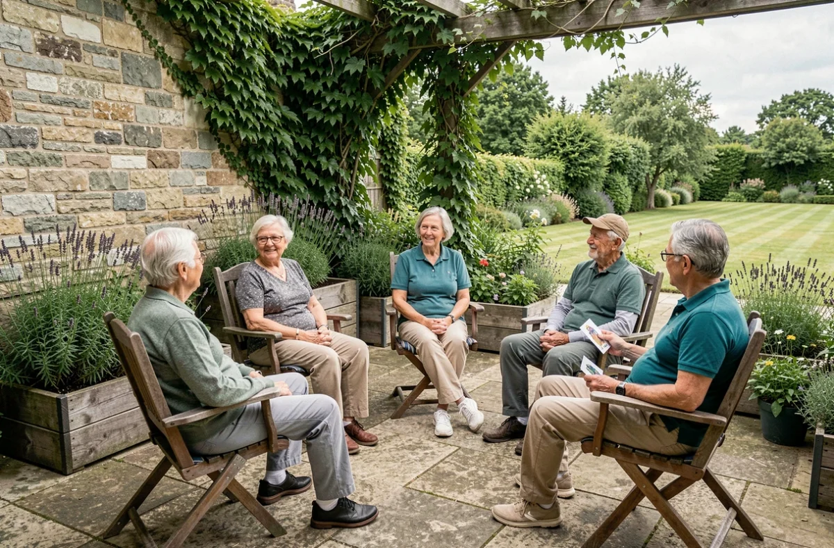 Atelier d'animation en plein air à Korian Grange des Prés, résidents et animatrice réunis sur une terrasse avec des plantes aromatiques