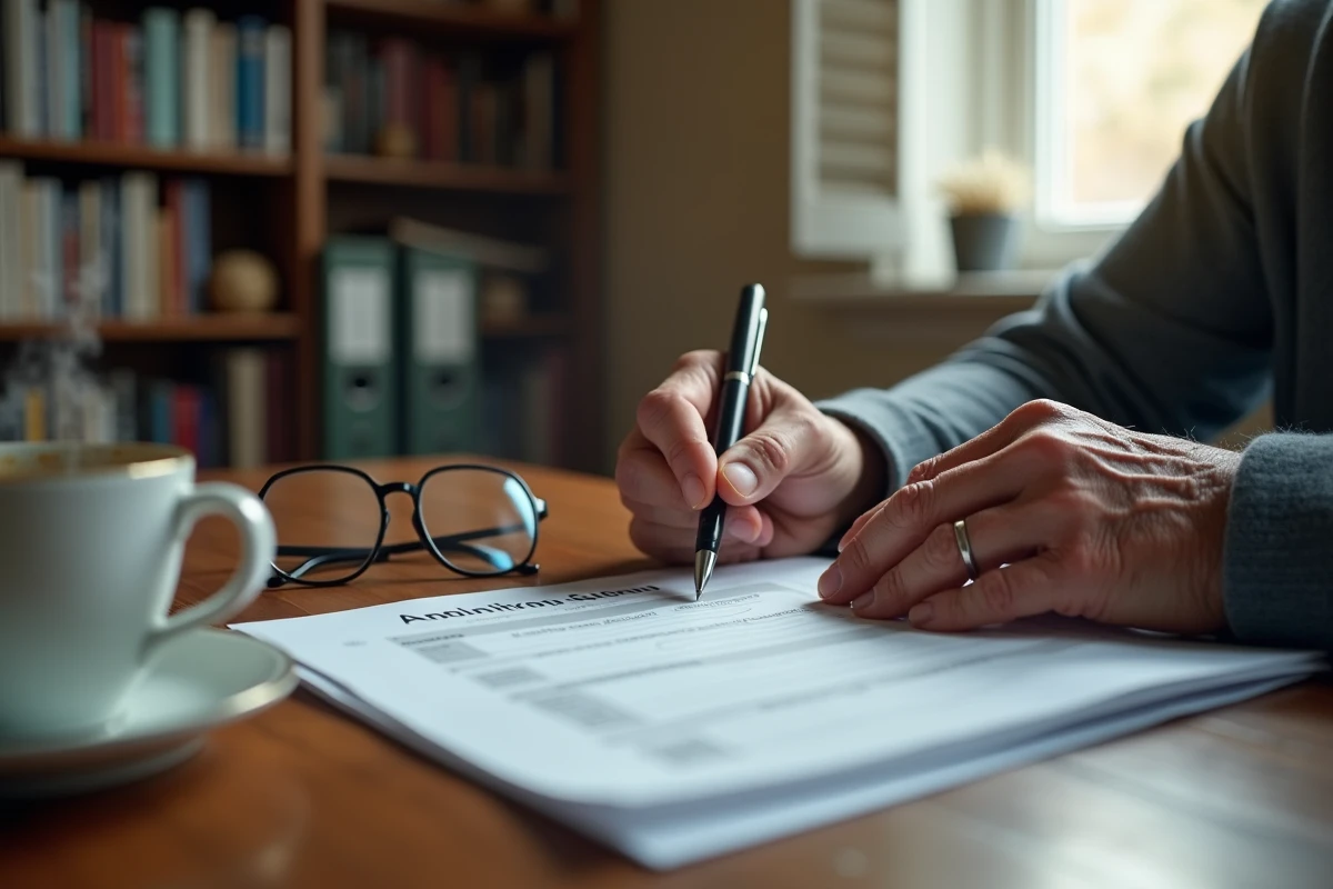 Mains d'une personne âgée remplissant un formulaire de demande d'aide financière pour la retraite