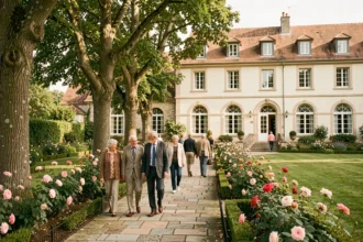 Jardin d'une maison de retraite dans l'Oise avec des résidents se promenant parmi les arbres et les rosiers en fleurs