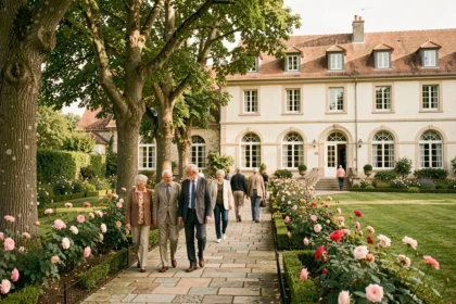 Jardin d'une maison de retraite dans l'Oise avec des résidents se promenant parmi les arbres et les rosiers en fleurs