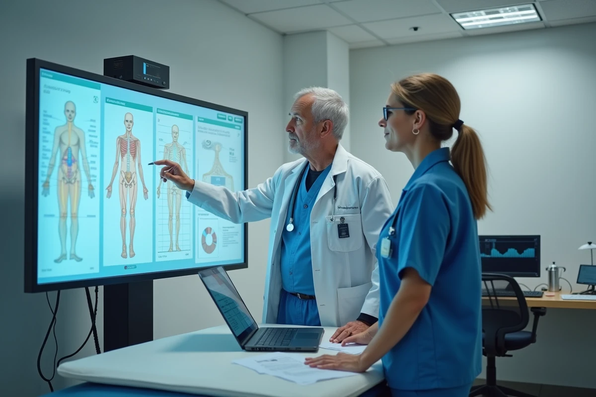 Médecin et ingénieure biotechnologique analysant des données de puce GPS humaine sur écran médical