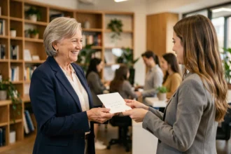 Collègue remettant une carte de départ à la retraite à une femme souriante dans un bureau moderne