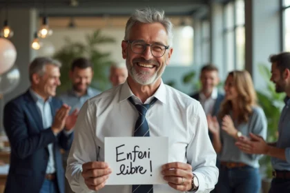 Collègues riant autour d'un homme souriant tenant une carte humoristique lors d'une fête de départ à la retraite au bureau