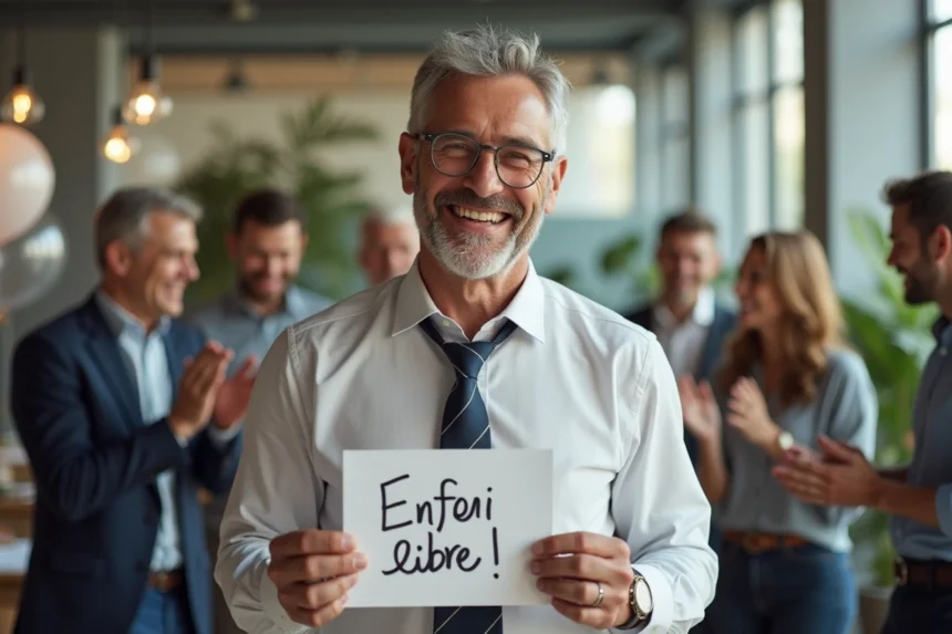 Collègues riant autour d'un homme souriant tenant une carte humoristique lors d'une fête de départ à la retraite au bureau