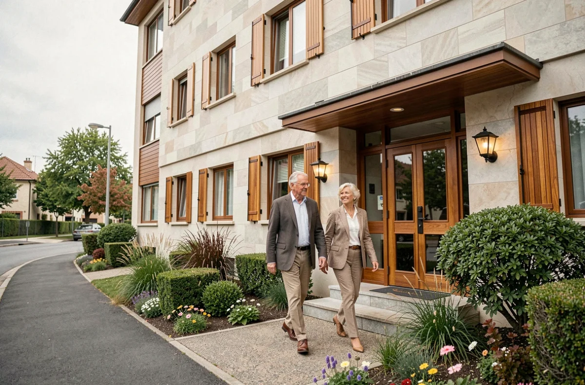 Façade de la résidence seniors Montana à Clamart avec un couple de résidents se promenant devant l'entrée
