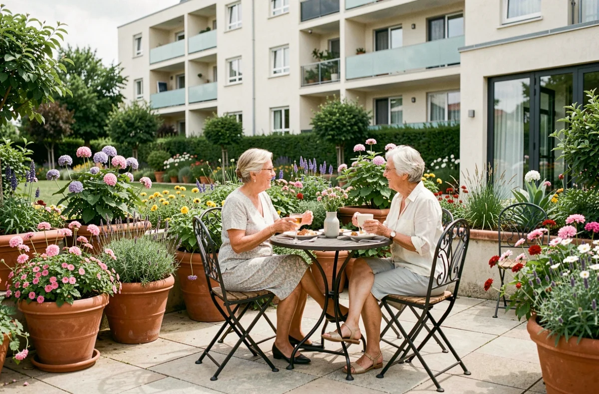 Terrasse extérieure de la résidence seniors Nohée à Asnières-sur-Seine avec deux résidentes déjeunant en plein air