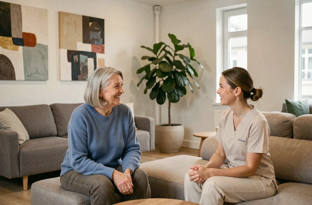 Salon moderne de la résidence Nohée Clichy avec une résidente discutant avec une accompagnatrice