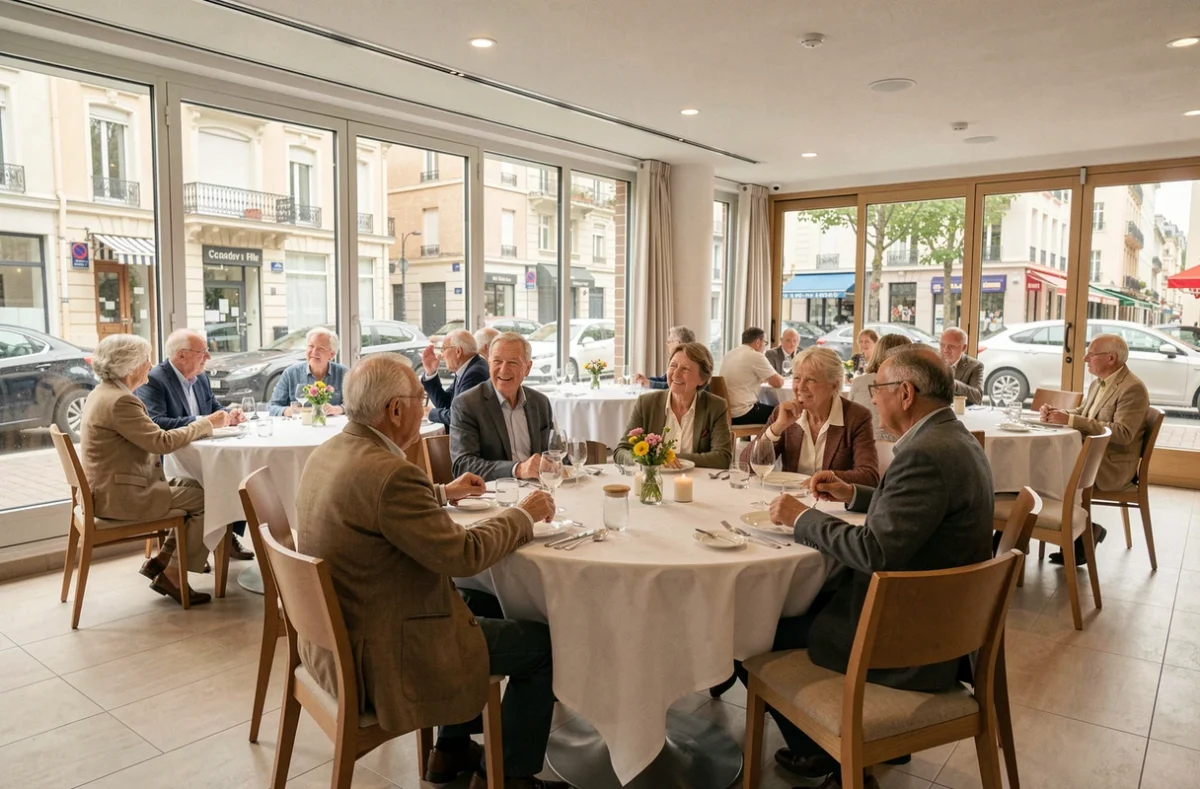 Salle à manger conviviale de la résidence Nohée Issy-les-Moulineaux Coeur de Ville avec des résidents partageant un repas