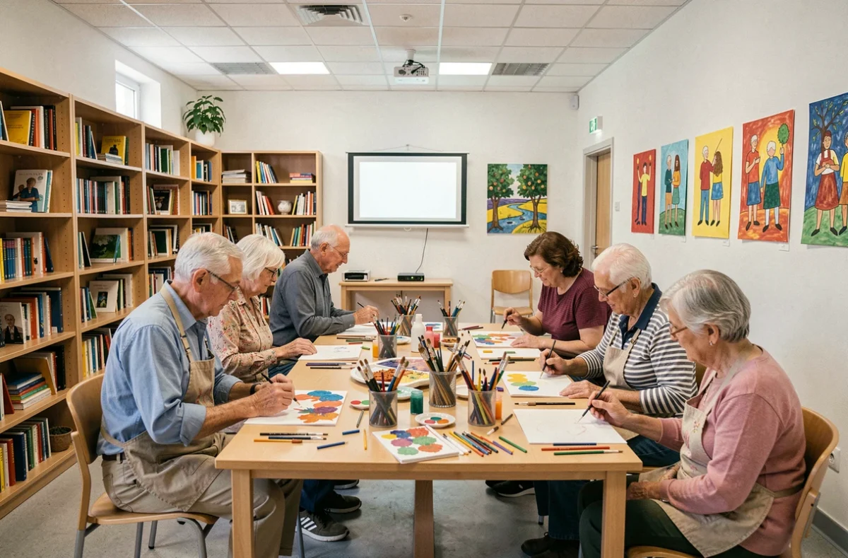 Atelier créatif à la résidence Nohée Issy-les-Moulineaux Médiathèque avec des résidents participant à un atelier peinture