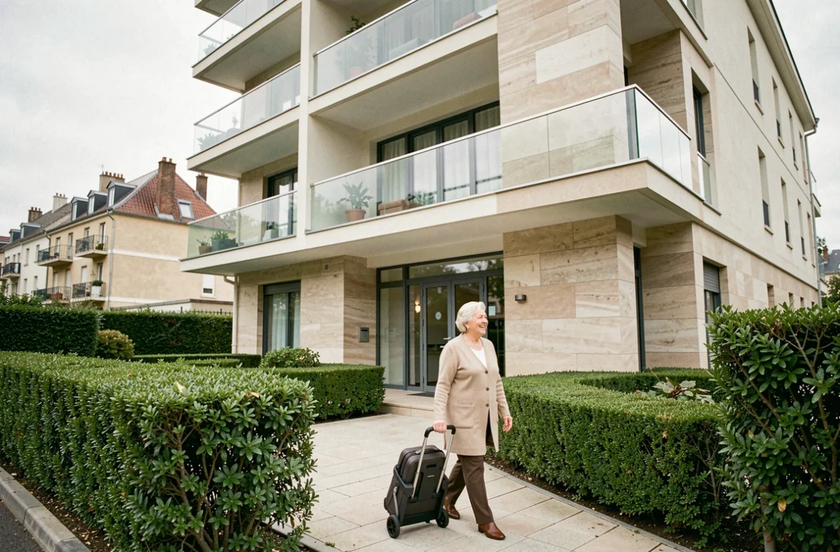 Façade de la résidence seniors Nohée à Puteaux avec une résidente se dirigeant vers l'entrée