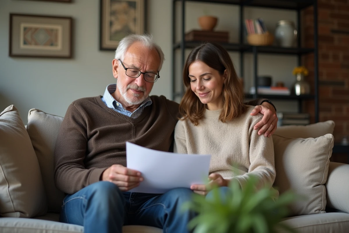 Père et fille regardant un document financier ensemble