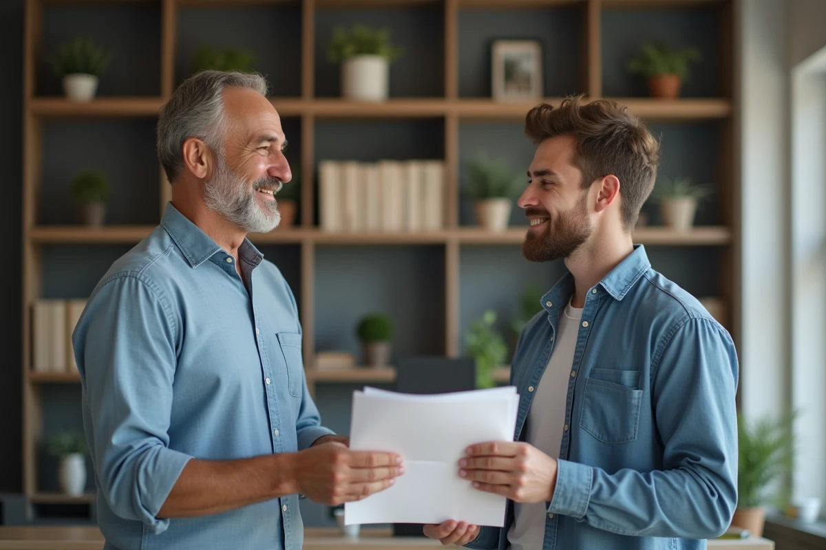 Pere et fils en discussion avec documents dans un bureau moderne