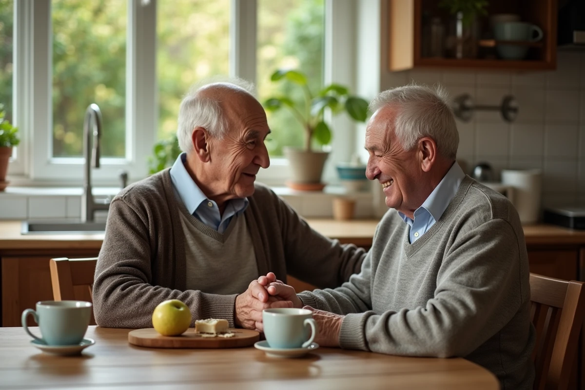 Fils réconforte son père dans la cuisine chaleureuse