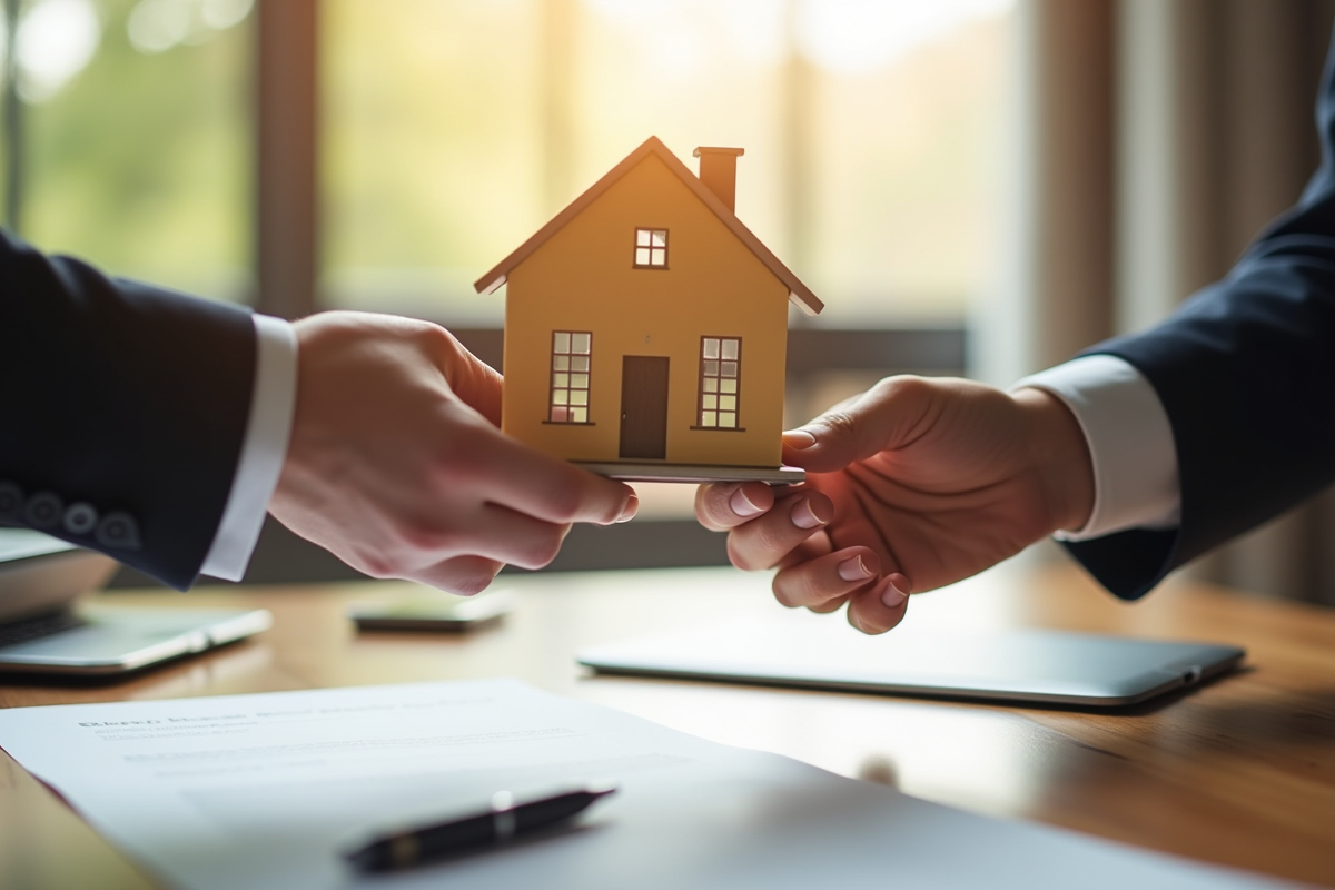 Deux mains passant une maquette de maison sur un bureau élégant