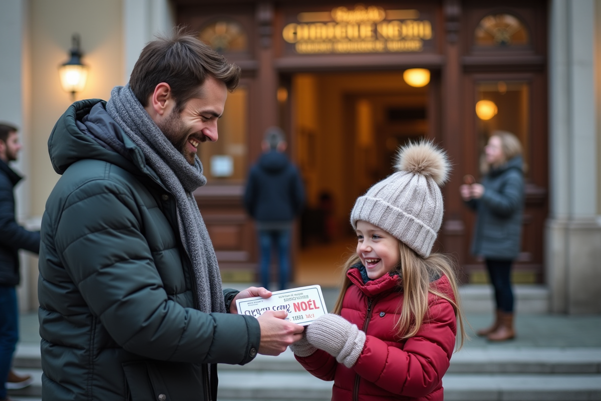 Pere souriant donnant un voucher Noel à sa fille devant la mairie