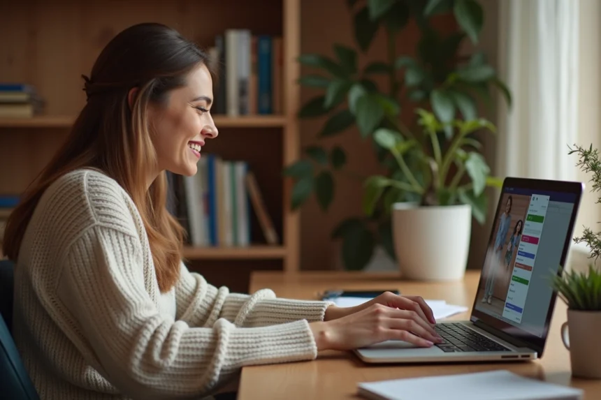 Femme personnalisant son profil de rencontre en ligne sur un ordinateur portable dans un bureau à domicile chaleureux