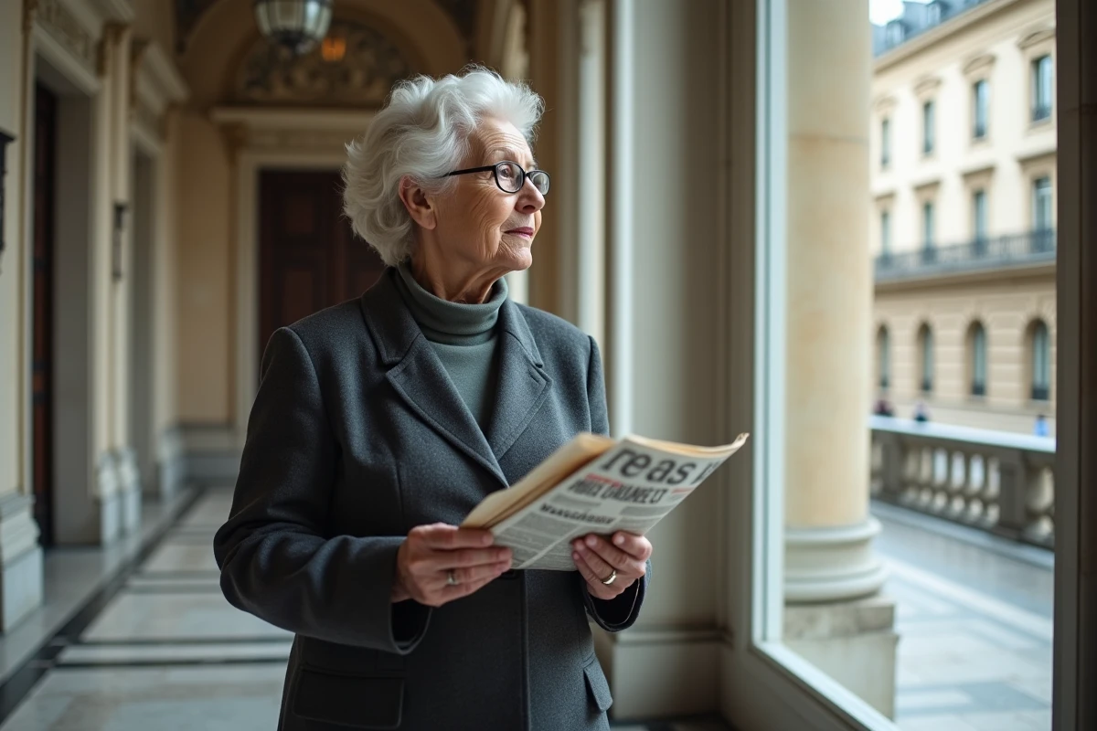 Personnalité politique retraitée debout dans un hall administratif parisien classique avec architecture haussmannienne en arrière-plan