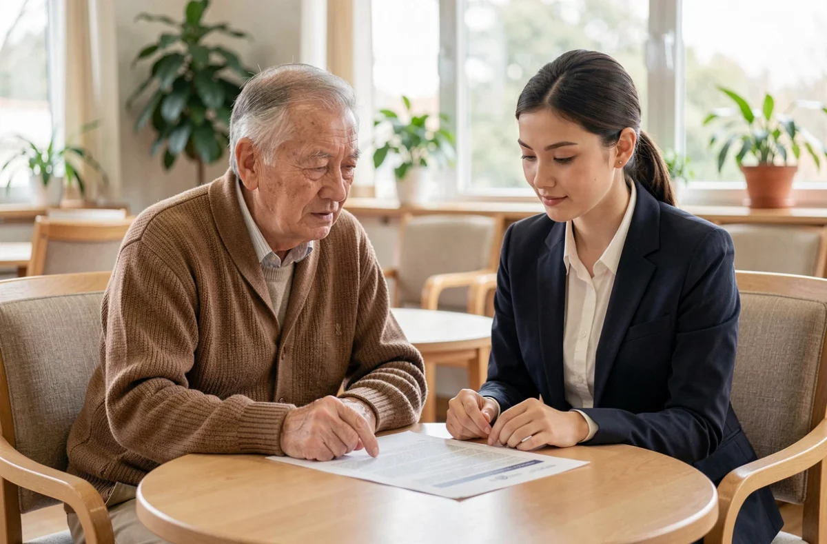 Personne âgée et travailleuse sociale consultant ensemble la charte des droits en établissement d'accueil