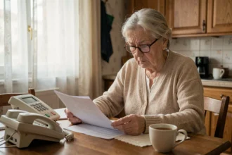 Femme âgée qui examine des documents de devis à domicile après une hospitalisation