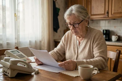 Femme âgée qui examine des documents de devis à domicile après une hospitalisation