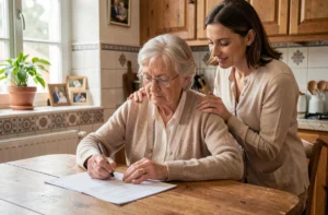 Une femme âgée signe un document de cession de véhicule à sa table de cuisine, assistée par sa fille adulte