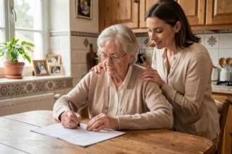 Une femme âgée signe un document de cession de véhicule à sa table de cuisine, assistée par sa fille adulte