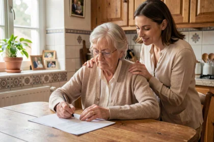 Une femme âgée signe un document de cession de véhicule à sa table de cuisine, assistée par sa fille adulte