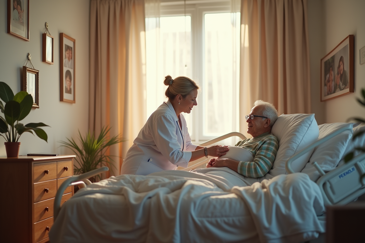 Personne agee confortablement sur un lit médical à domicile