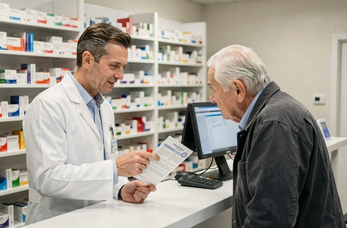 Pharmacien expliquant les contre-indications d'un complément alimentaire à un patient âgé en pharmacie
