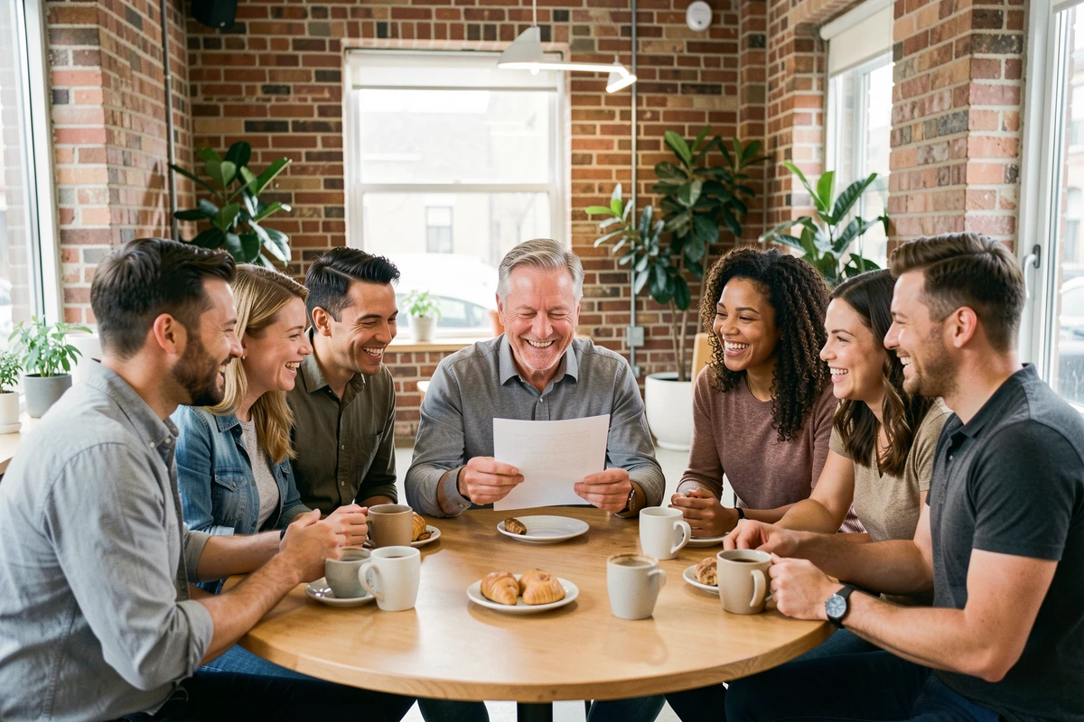 Homme lisant un message de retraite entouré de collègues lors d'un pot de départ convivial